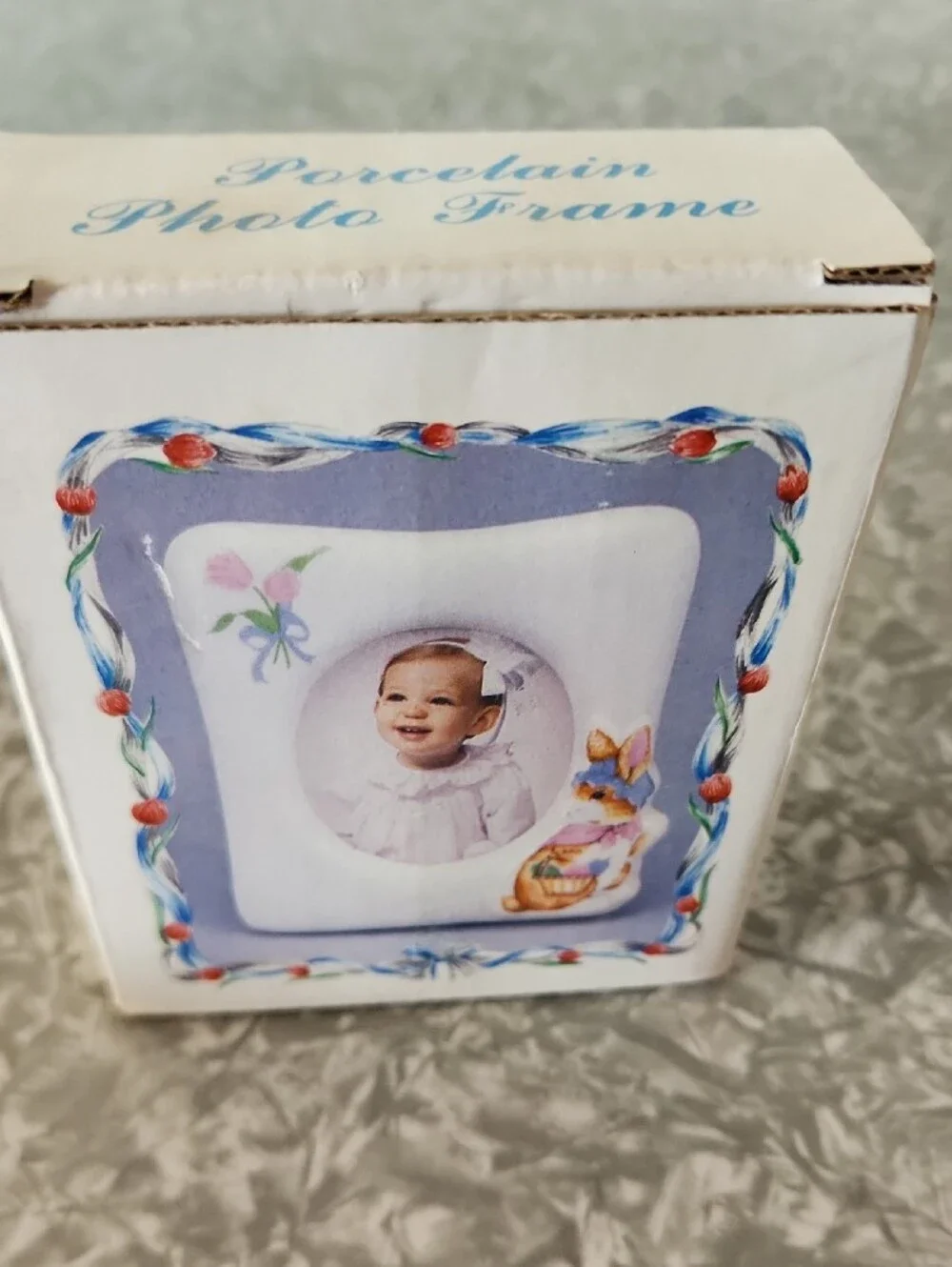 Classic White Ceramic Baby Picture Frame with Lavender Accent